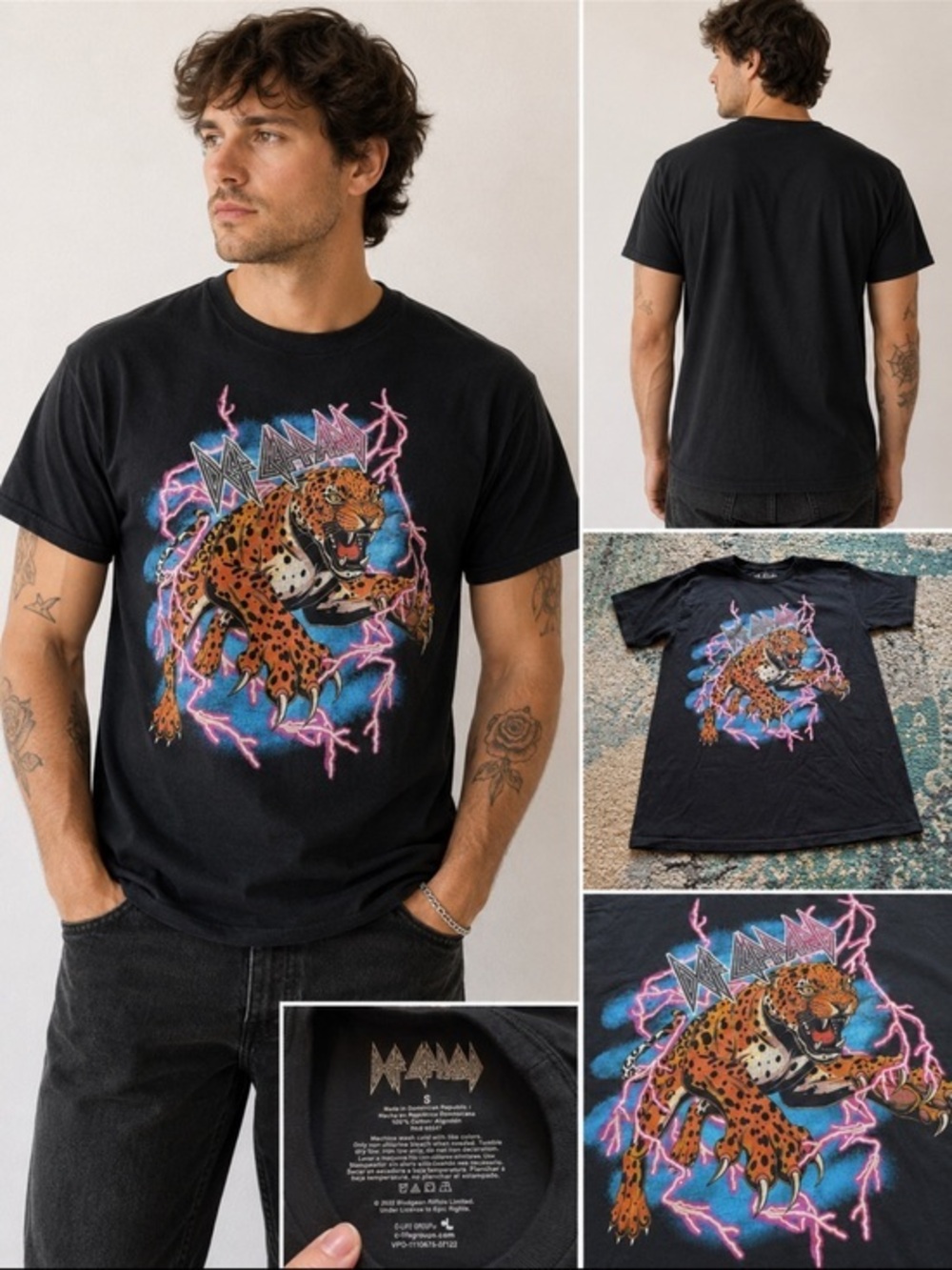 Def Leppard Men’s Size Small Black Leopard Lightning Graphic Band T-Shirt 80’s